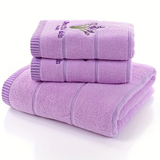 3-piece Lavender Pattern Towel Set includes a bath towel (70.0 x 140.0 cm) and 2 face towels (34.01 x 73.99 cm), made of soft, comfortable fabric for your bathroom needs.