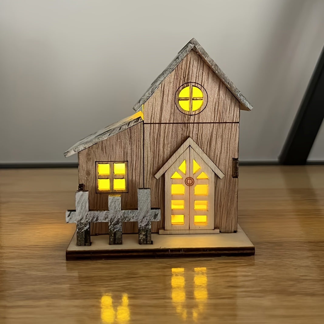 1pc Wooden House Ornaments for Christmas, Luminous LED Tabletop Decor