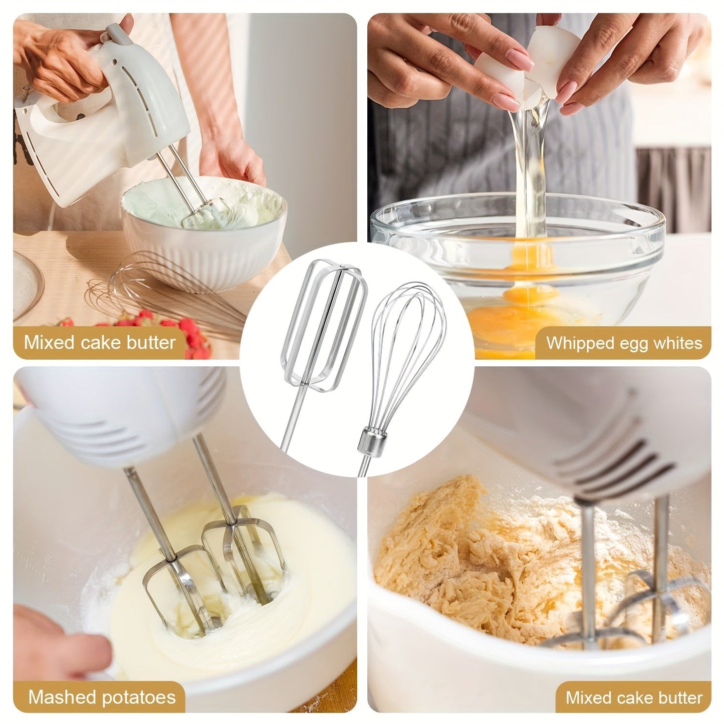 Set of four stainless steel hand mixer attachments - Includes versatile beaters for easy whisking, blending, and baking - Compatible with City Beach mixers.