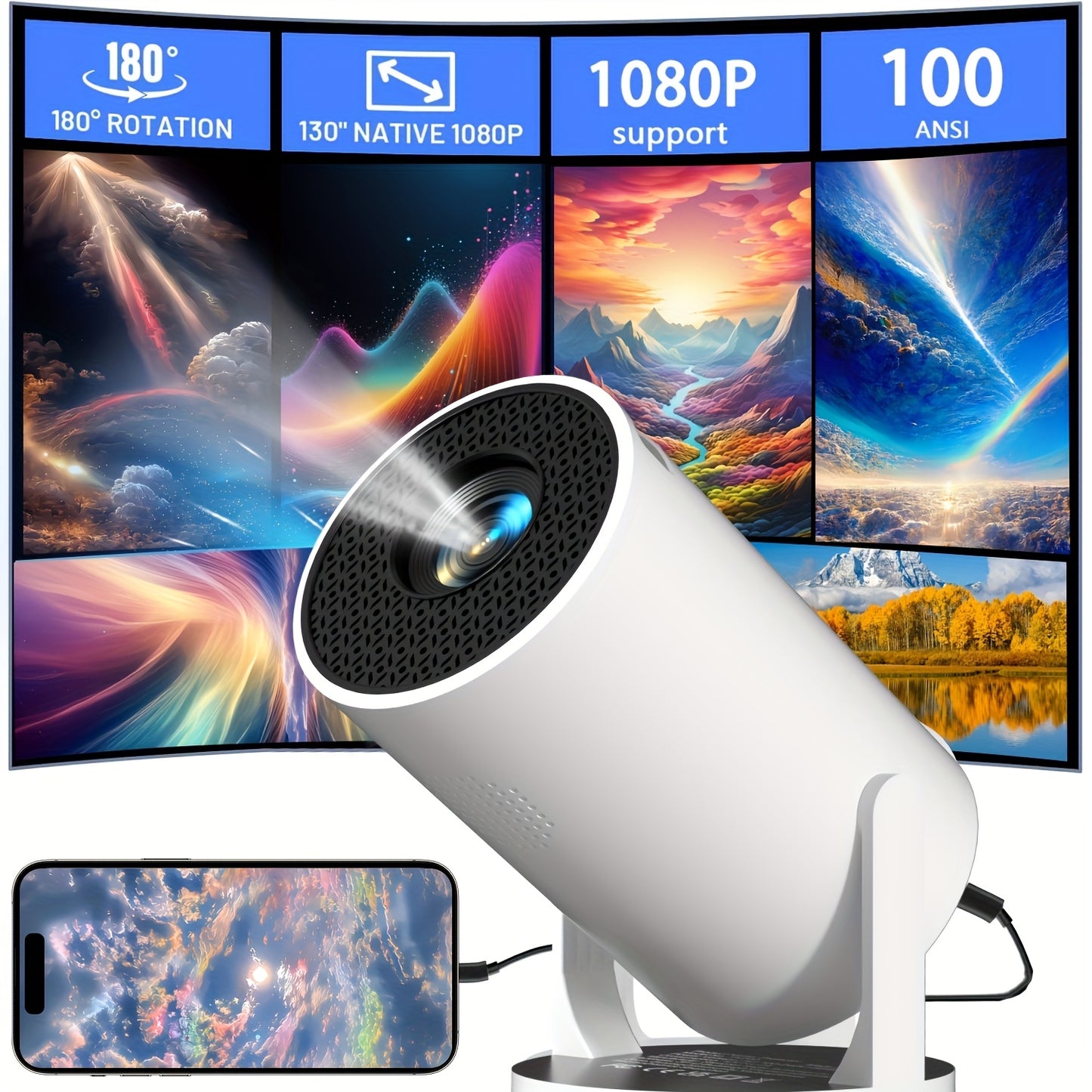 Compact Mini Projector with HD video, European Standard Plug, 180-Degree Adjustable Projection, Pan and Tilt Features, perfect for Home Cinema, Office, School, Meetings, and Holiday Gifts.