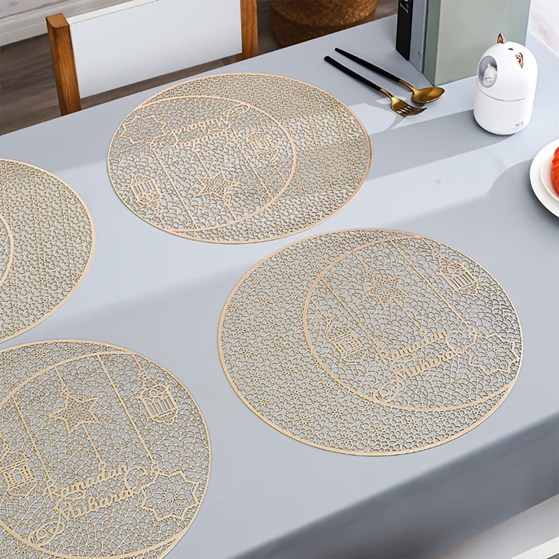 Celebrate Ramadan in style with our exquisite Golden Moon Star Hollow Cutlery Mat. This PVC round table mat measures 38.1cm and features a non-slip design, making it perfect for festive occasions. The heat-resistant and anti-scalding dining pad is ideal