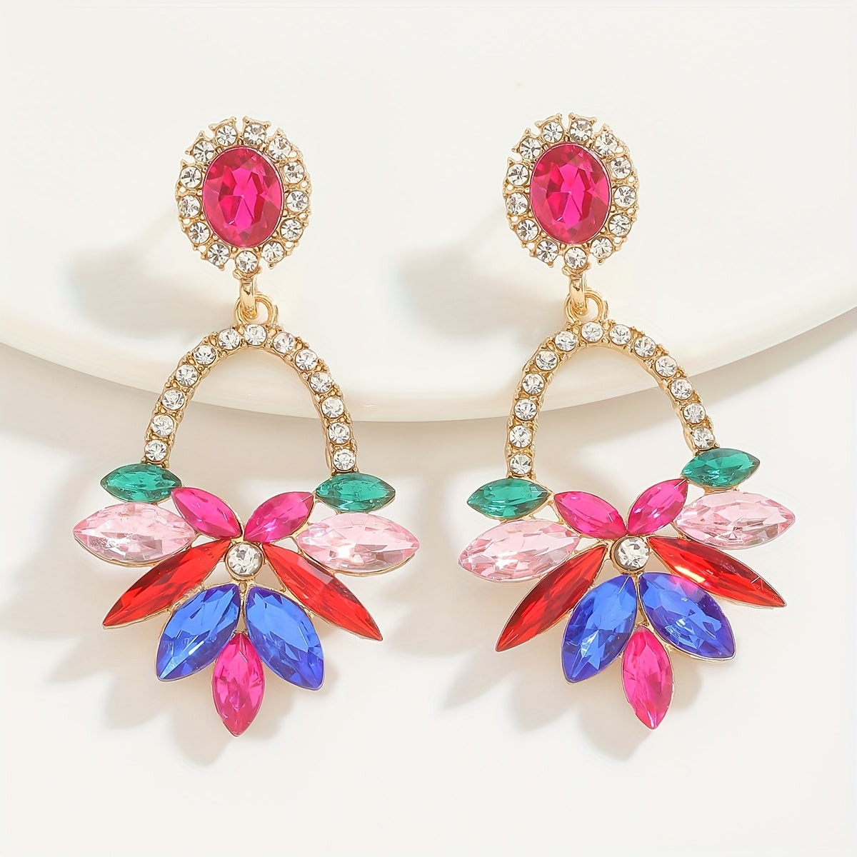 Shimmering pink floral and leaf earrings adorned with rhinestones - chic fashion accessory, made of gold-tone zinc alloy with stainless steel posts, perfect Valentine's Day gift for your girlfriend, suitable for all occasions and seasons.