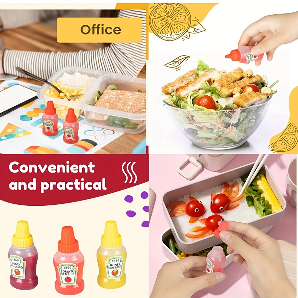 16 mini portable sauce containers for bento, includes Japanese-style salad dressing squeeze bottles and ketchup dispensers, colors chosen at random.