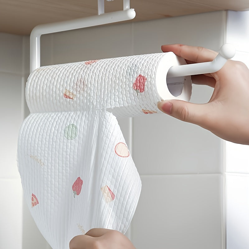 Single wall-mounted kitchen paper towel holder with self-adhesive backing for easy installation, holds paper, film, and cloth, no drilling necessary, suitable for kitchen and bathroom use.