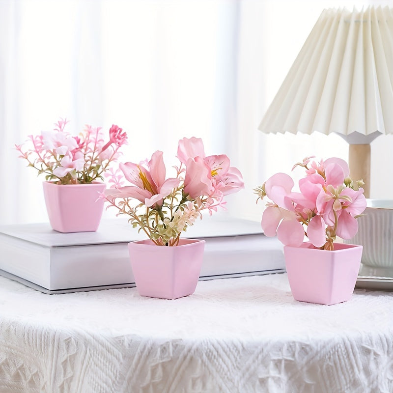 1 set of 3 mini decorative artificial flowers (rose, peach blossom, orchid pink) in small pots, perfect for weddings, home or office decor.