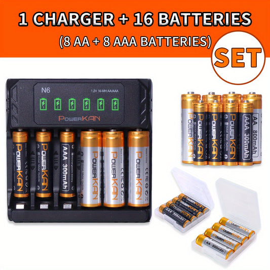 PowerKAN 1.2V NiMH Rechargeable Battery Set includes AA & AAA sizes. It comes with eight 800mAh and eight 300mAh batteries, N6 Charger, USB LED Indicator, fast charging, dischargeable