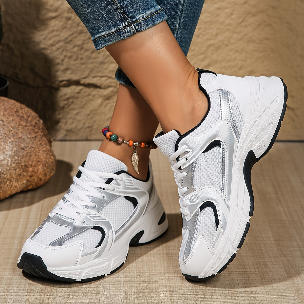 Women's Breathable Mesh Fashion Sneakers with Fabric Insole and Rubber Sole for All-Season Sports.