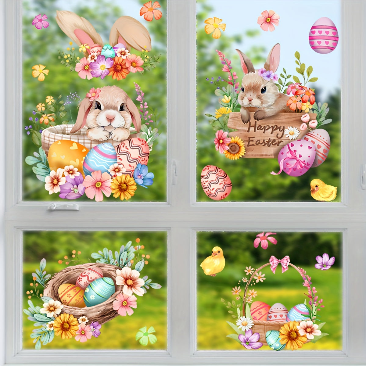 DJ8019-NH Easter Bunny and Eggs Window Clings feature a contemporary style design made of PVC static cling material. These decals are reusable and have a double-sided print. They are 5mil thick and come in an irregular shape, measuring 30x60cm. Perfect