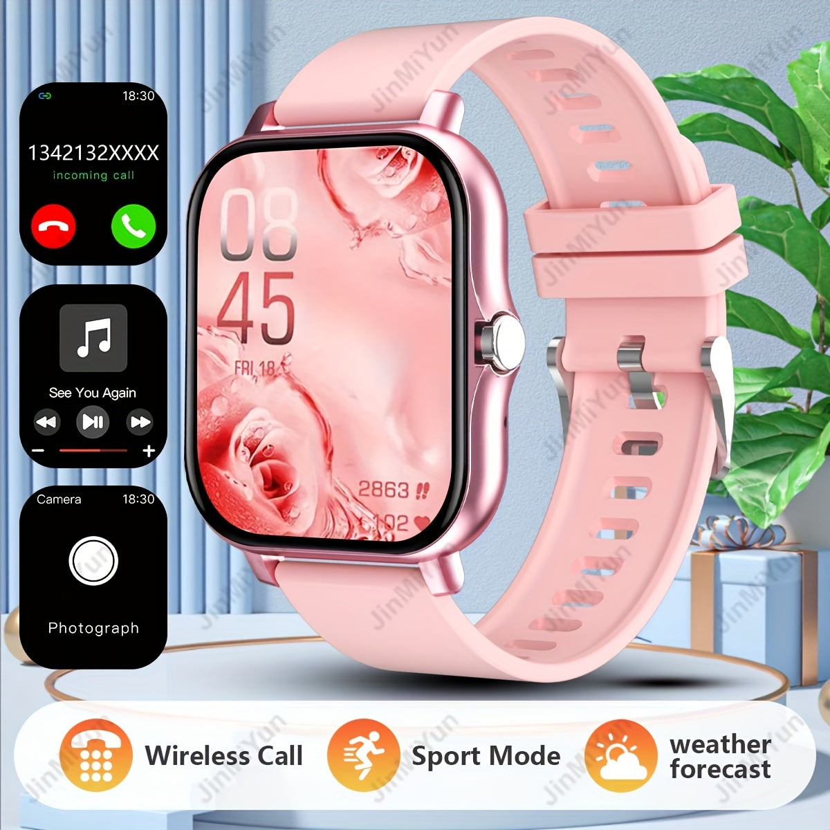 4.65cm Full-Screen Touch Sports Smartwatch in Pink & Black, features Wireless 5.0, Calls/Texts, Customizable Faces, Multi-Sport Modes, Monitor, Music Control. Compatible with Android &