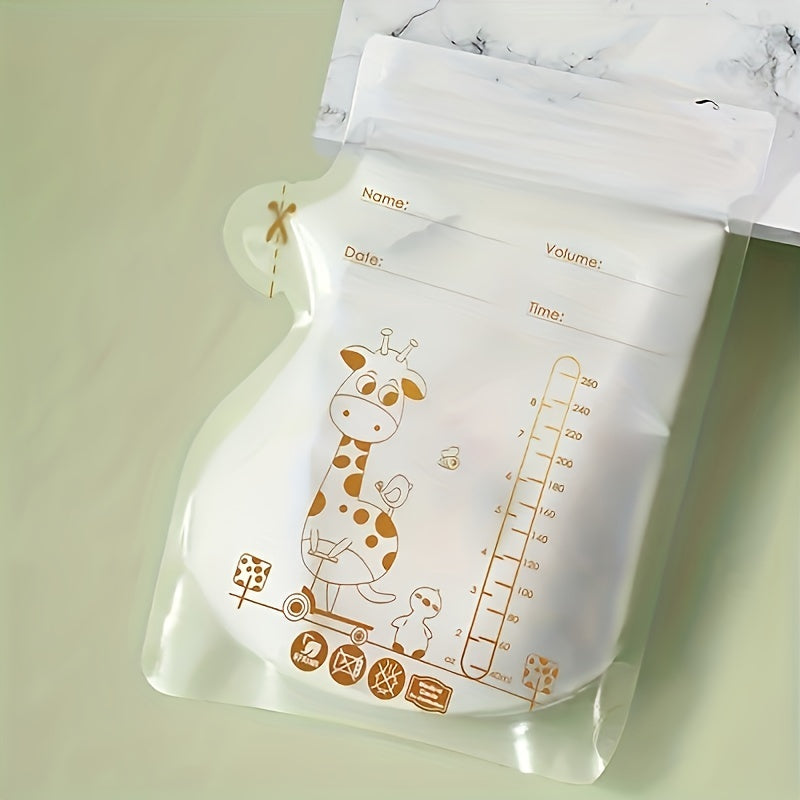 A pack of 60 breastmilk storage bags, each holding 8.5oz and made from BPA-free material. These bags come with a convenient pour spout for easy pouring while breastfeeding. They are designed to stand on their own and have a flat profile, saving space in