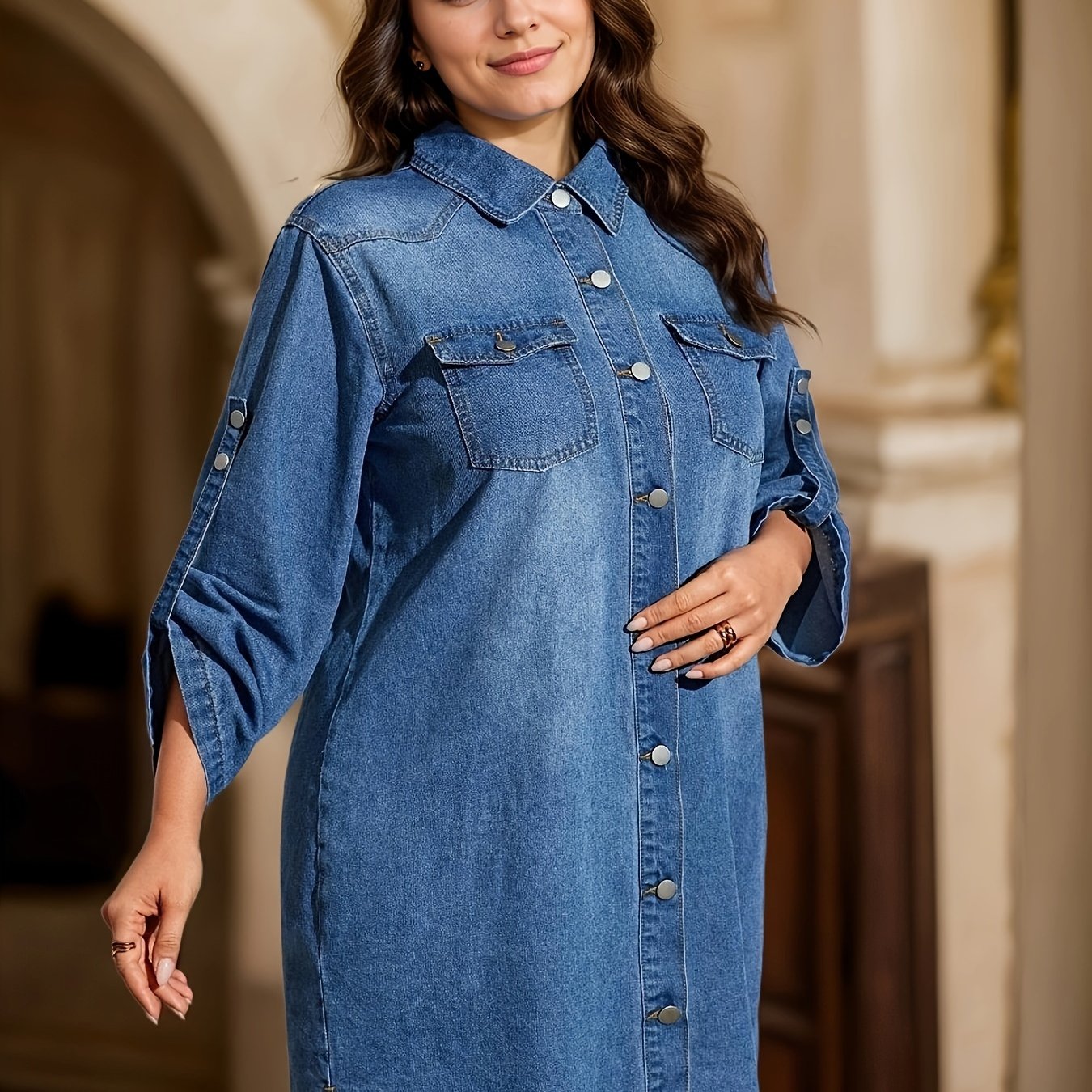 Ruffle hem denim dress with vintage style, long sleeves, and button-up design for women, machine washable.