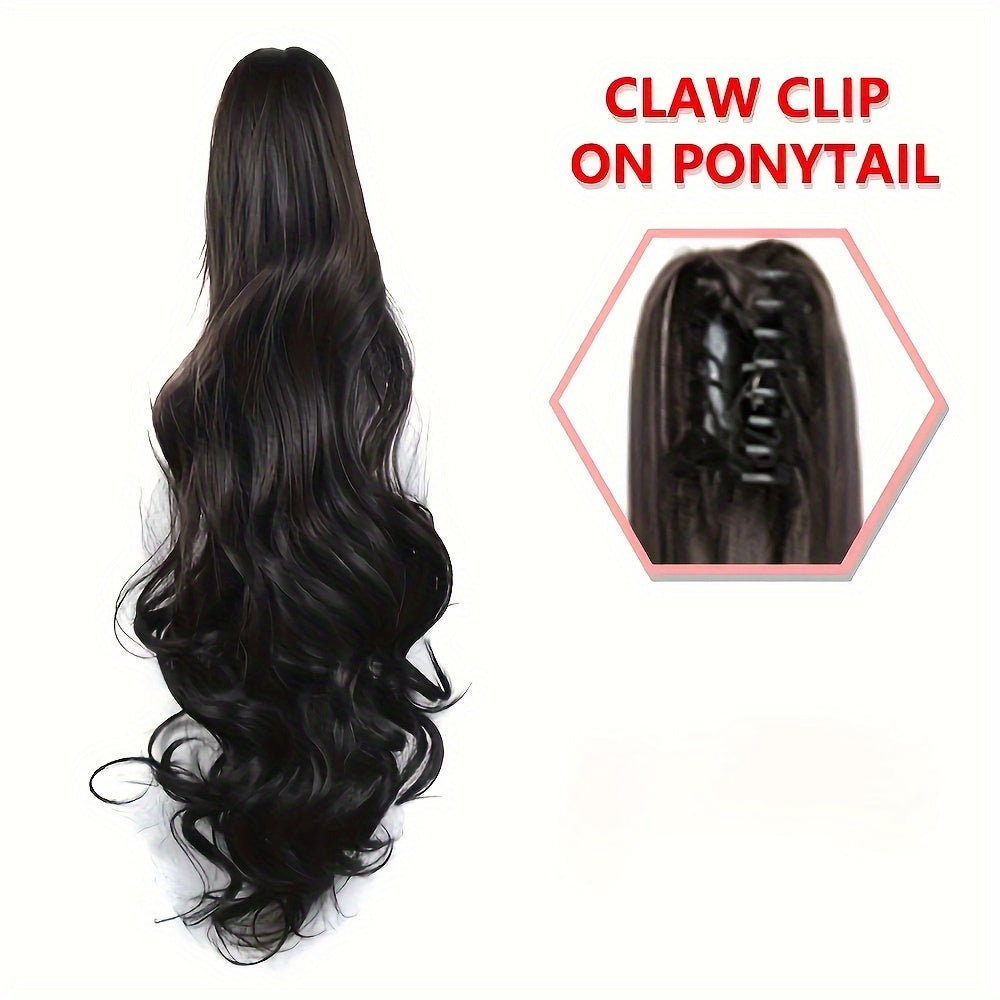 Stylish synthetic ponytail extension with long, curly waves and chic claw clip for women.