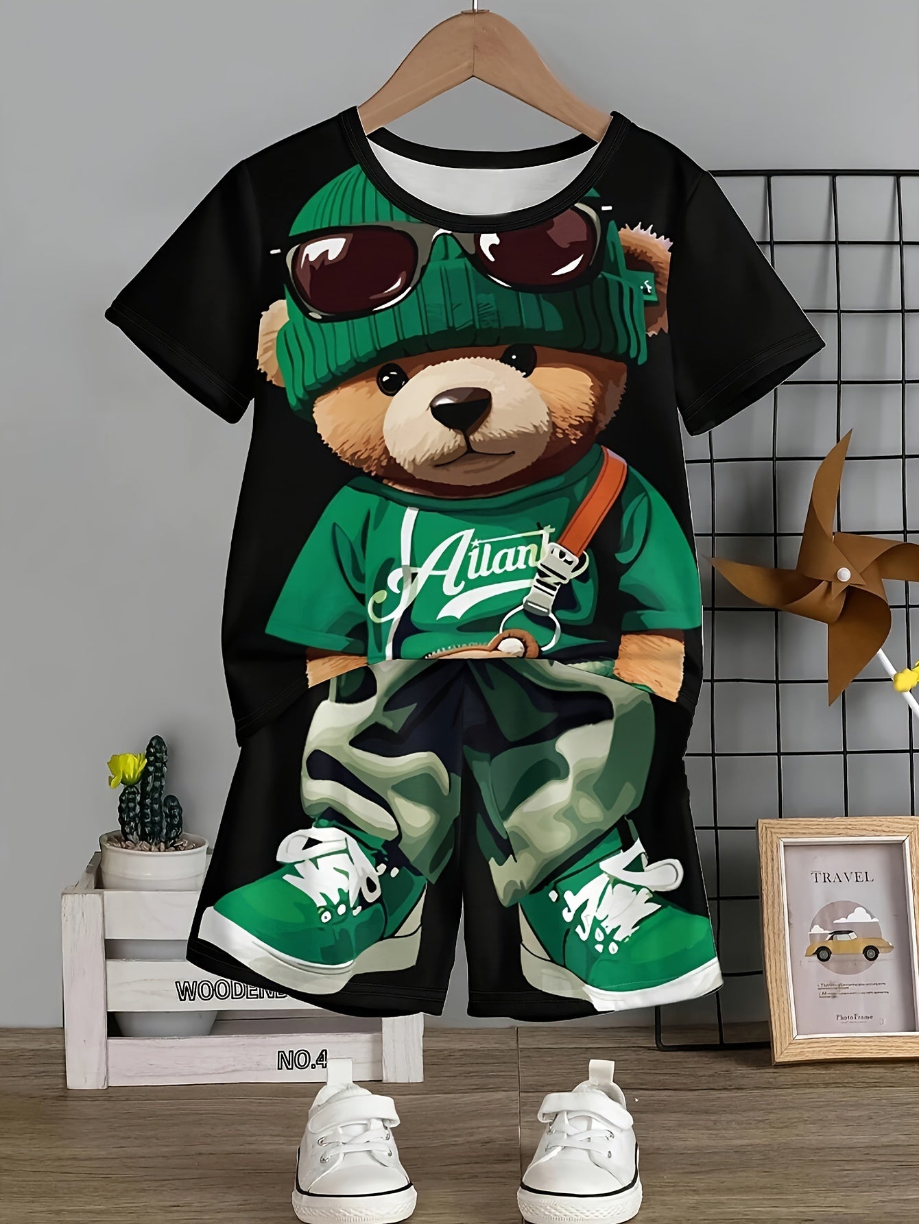 Boys' Casual Cartoon Bear Graphic Tee & Shorts Set in Black with Green Accents, made of Stretchy Polyester Blend, Machine Washable, perfect for Summer Fashion and Outdoor activities.