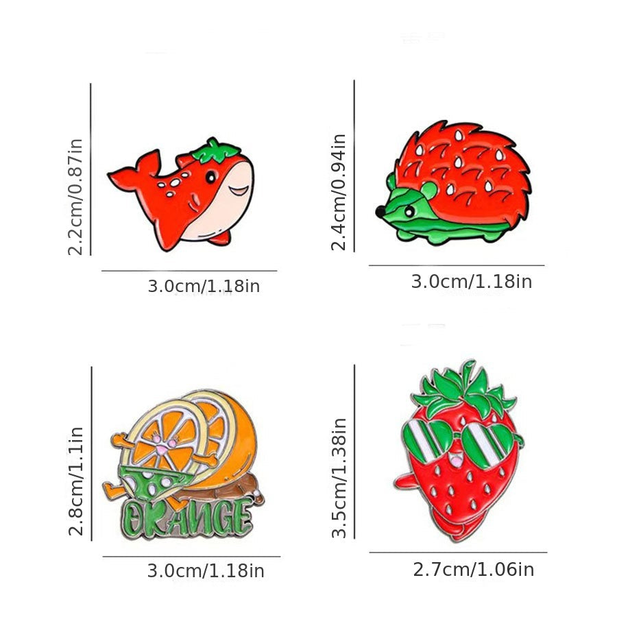 Set of 4 Cute Cartoon Fruit & Animal Alloy Brooches - Bright Strawberry, Orange, and Hedgehog Pins - Ideal for Everyday Use or as a Gift - Adorable Accessory for any Season