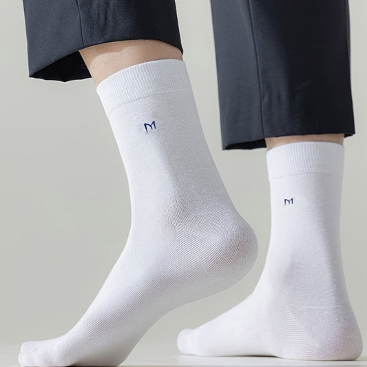 5 pairs of men's mid-calf socks made of a cotton blend knit polyester, suitable for business all-season wear, solid color, hand wash or dry clean