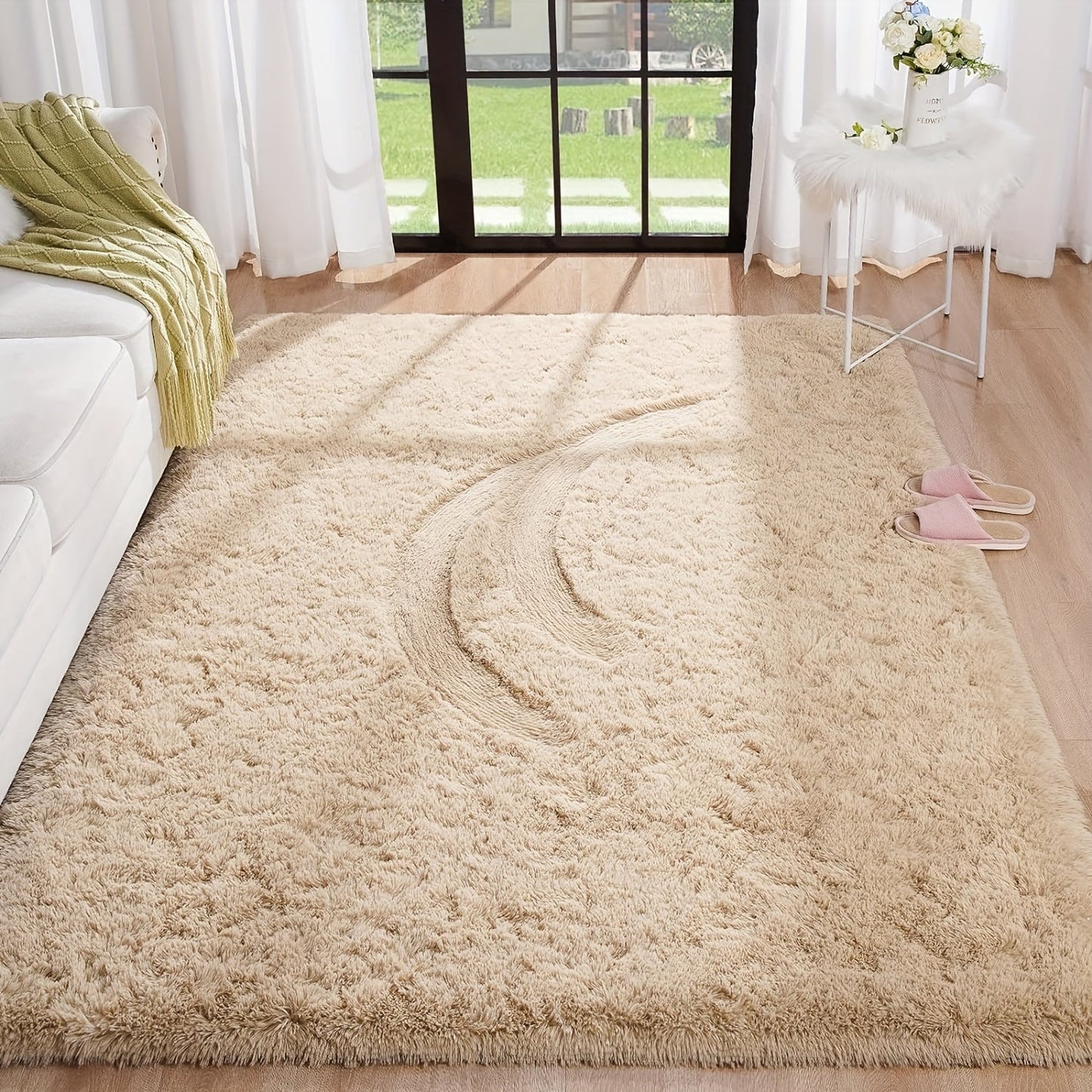 Luxurious Beige Plush Area Rug - Soft Faux Fur Carpet for Cozy Home Decor, Ideal for Living Room, Bedroom, and Entryway. Low Maintenance, Non-Shedding, Made of 100% Polyester. Dry Clean Only.