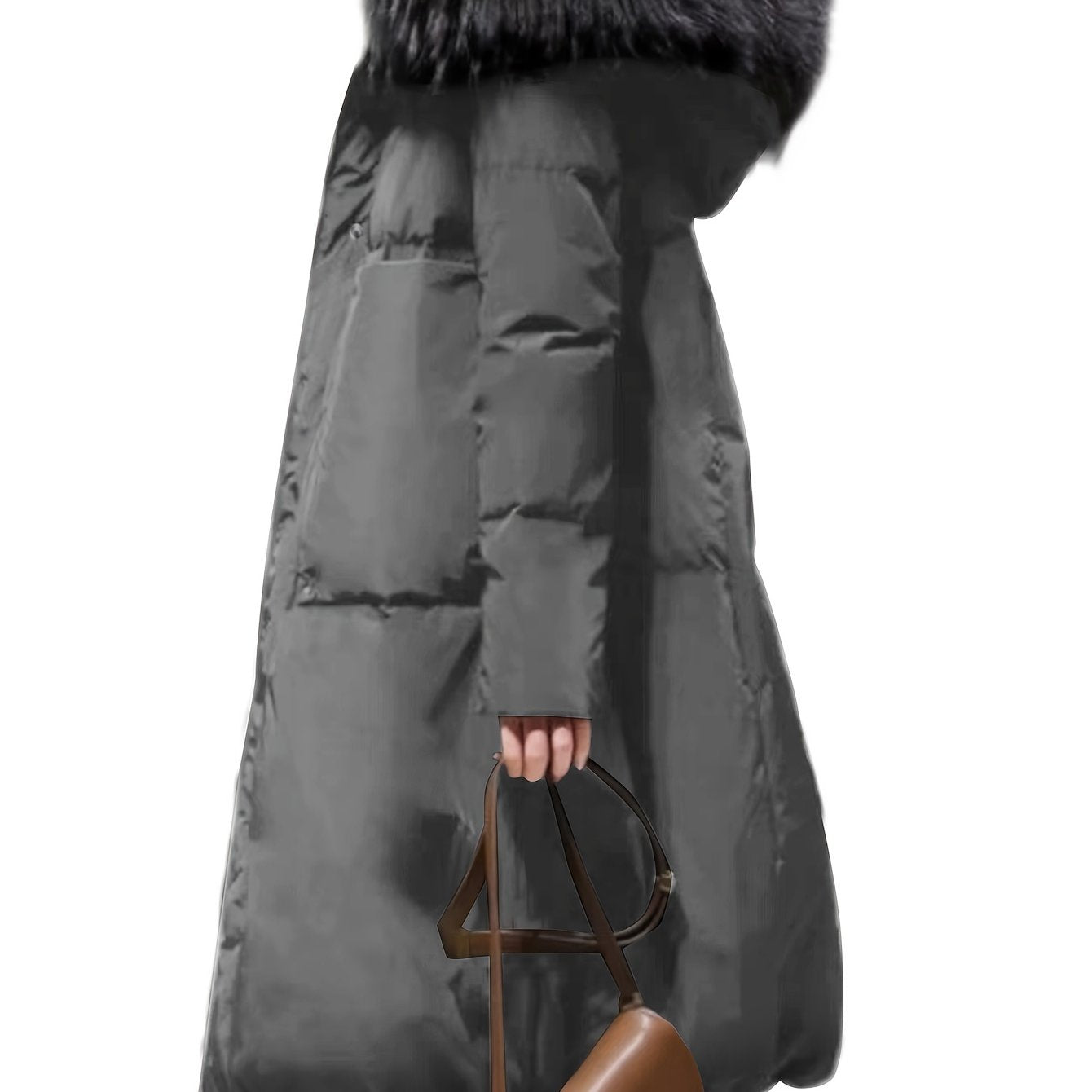 Women's Elegant Long Winter Hooded Coat with Faux Fur Trim, Zip-Up Front, and Side Pockets for Cold Weather Style.