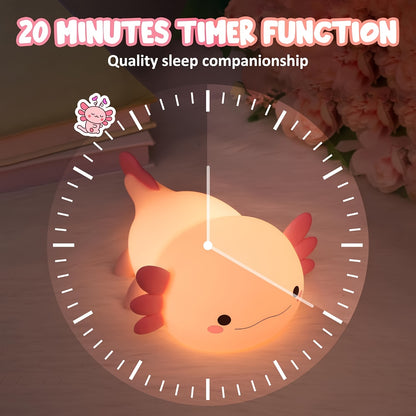 Cute Axolotl night light with touch control, dimming, and timer. USB rechargeable silicone lamp for kids' bedrooms.