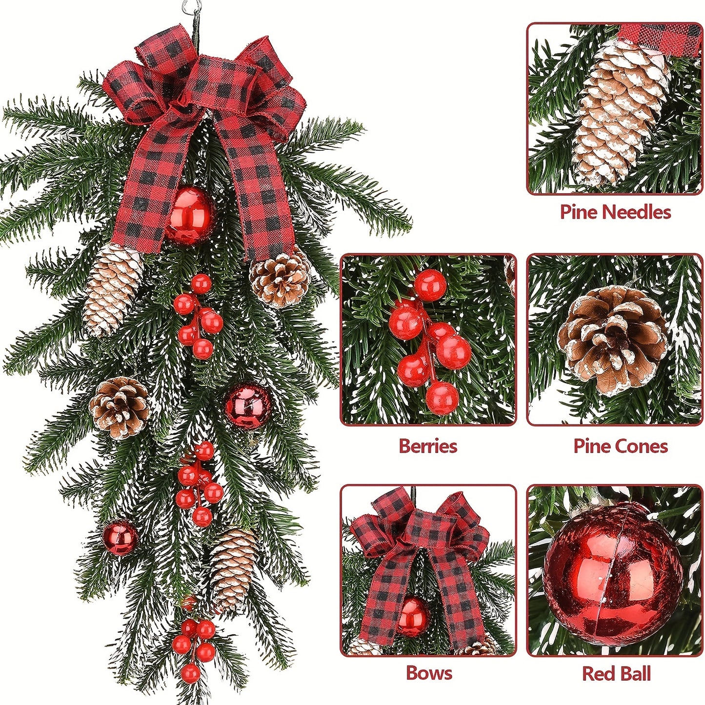 1 Artificial Christmas Teardrop Swag with 54.86 cm length, featuring pine cones and red berries. Ideal for decorating scenes, festivals, rooms, homes, offices, theme parties, and Christmas.