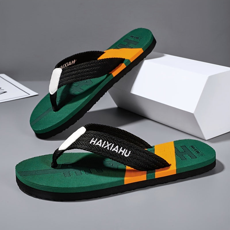 Ultra-soft men's flip-flops in green, black, and white with rubber sole for indoor/outdoor comfort.