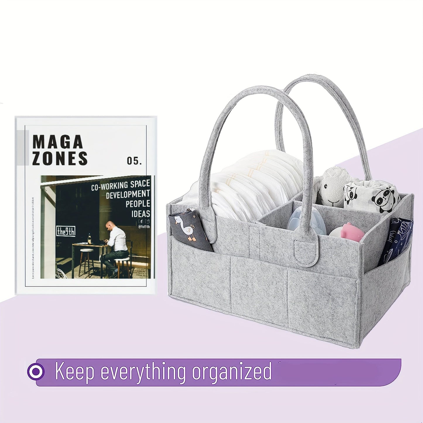 Diaper Organizer Set with Lid - Includes 1pc Felt Diaper Bag Organizer, Diaper Caddy Nursery Basket, Tote Bag, Mommy Handy Organizer, and Stroller Diaper Organizer. Portable for Car Travel in Gray - Great as a Halloween, Thanksgiving, or Christmas Gift!