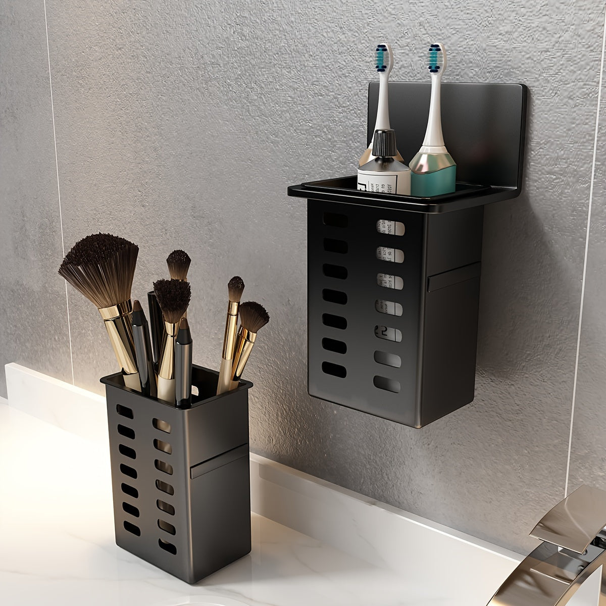 Wall-mounted makeup storage box for bathroom sundries and personal items.