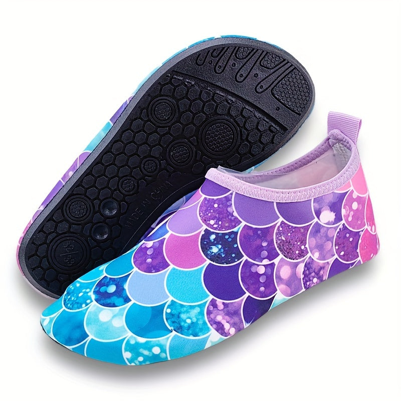 Colorful fish scale print slip-on water shoes for toddler girls, perfect for summer fun at the beach.