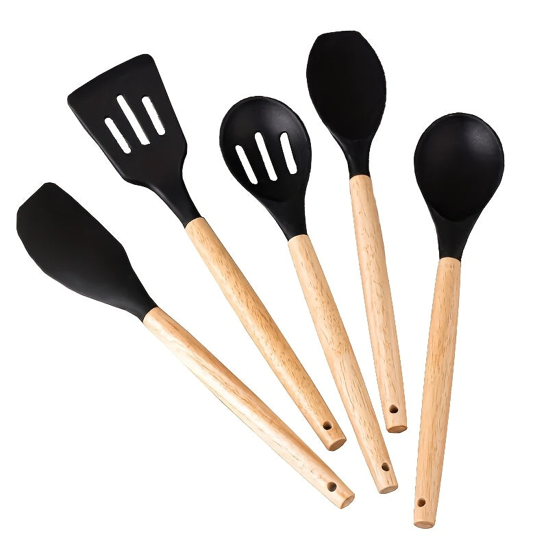 5-piece Non-Stick Kitchen Utensil Set with Wooden Handles, Safe for Food Contact - Ideal for Frying, Serving Soup & Sauces