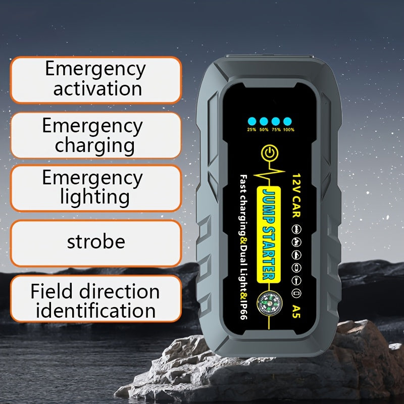 Compact 1000A Portable Car Jump Starter with Dual USB Outputs and Smart Safety Jumper Cables starts dead batteries quickly and safely. Includes flashlight, compass, and multiple safety