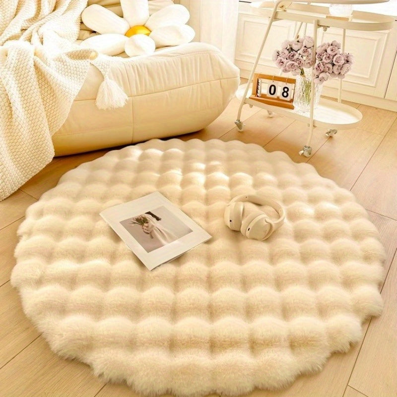 Plush Round Rug Made from Luxurious Cream Rabbit Fur - Ideal for Single Sofa, Living Room Coffee Table, Vanity & Bedside Décor, Cozy Carpet for Lazy Days