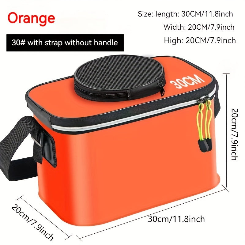 Compact EVA fishing gear bag with collapsible live fish bucket and tackle storage, waterproof and zip closure for camping.