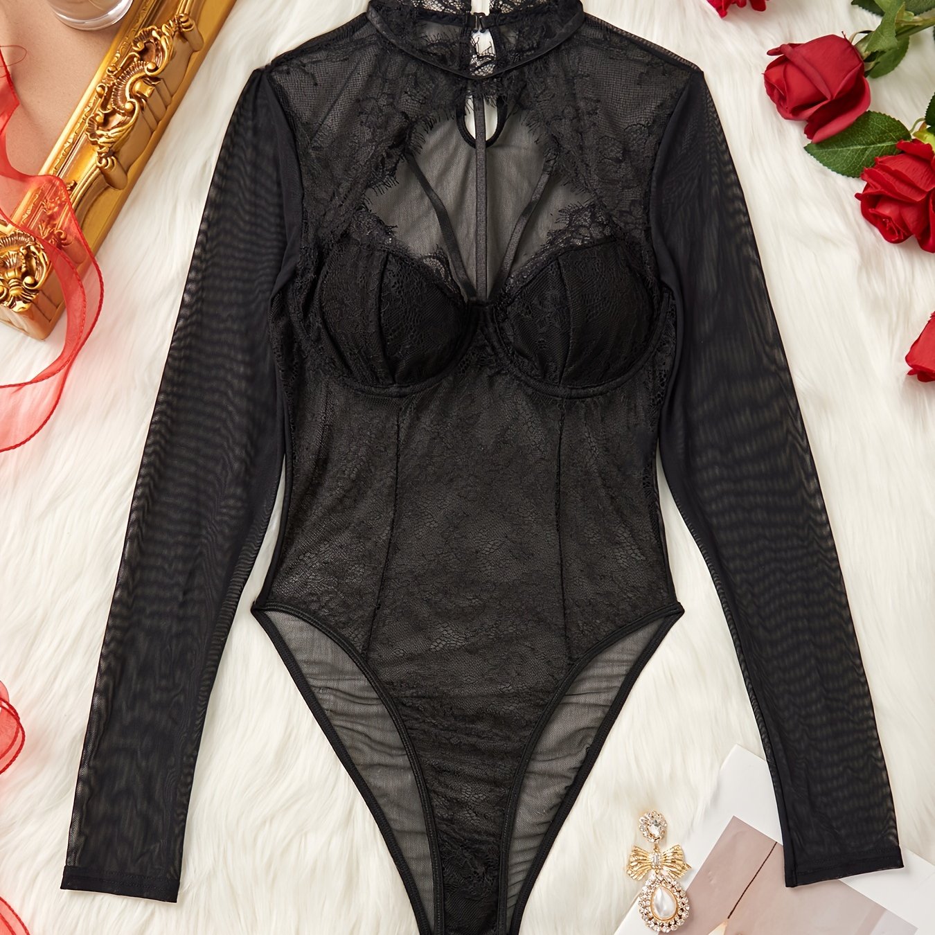 Long sleeve mesh teddy with lace trim, sexy lingerie for women.