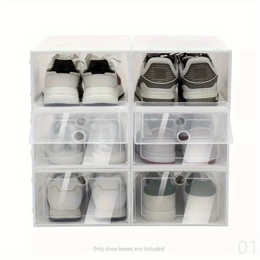 Set of 6 transparent shoe box storage containers, designed to protect shoes from dust and moisture. These space-saving plastic boxes are perfect for organizing your shoe collection and keeping them in pristine condition.