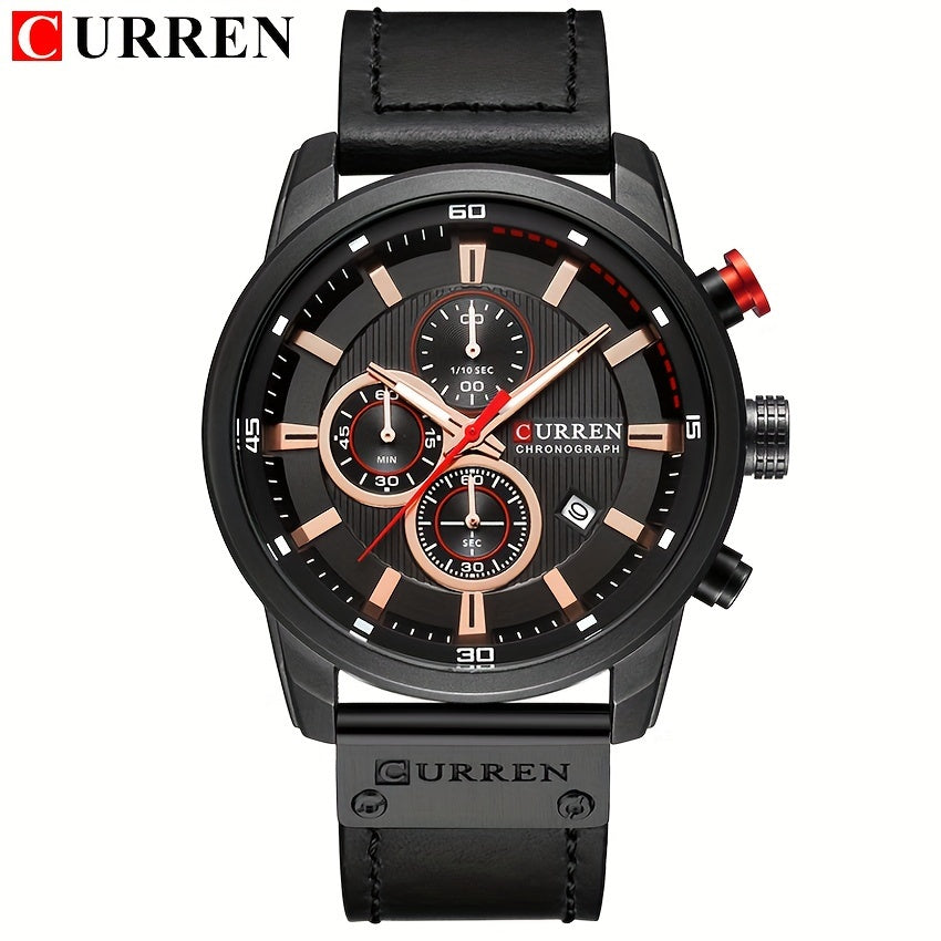 A sleek men's sports watch featuring a variety of functions, a durable PU leather strap, and an automatic date display.