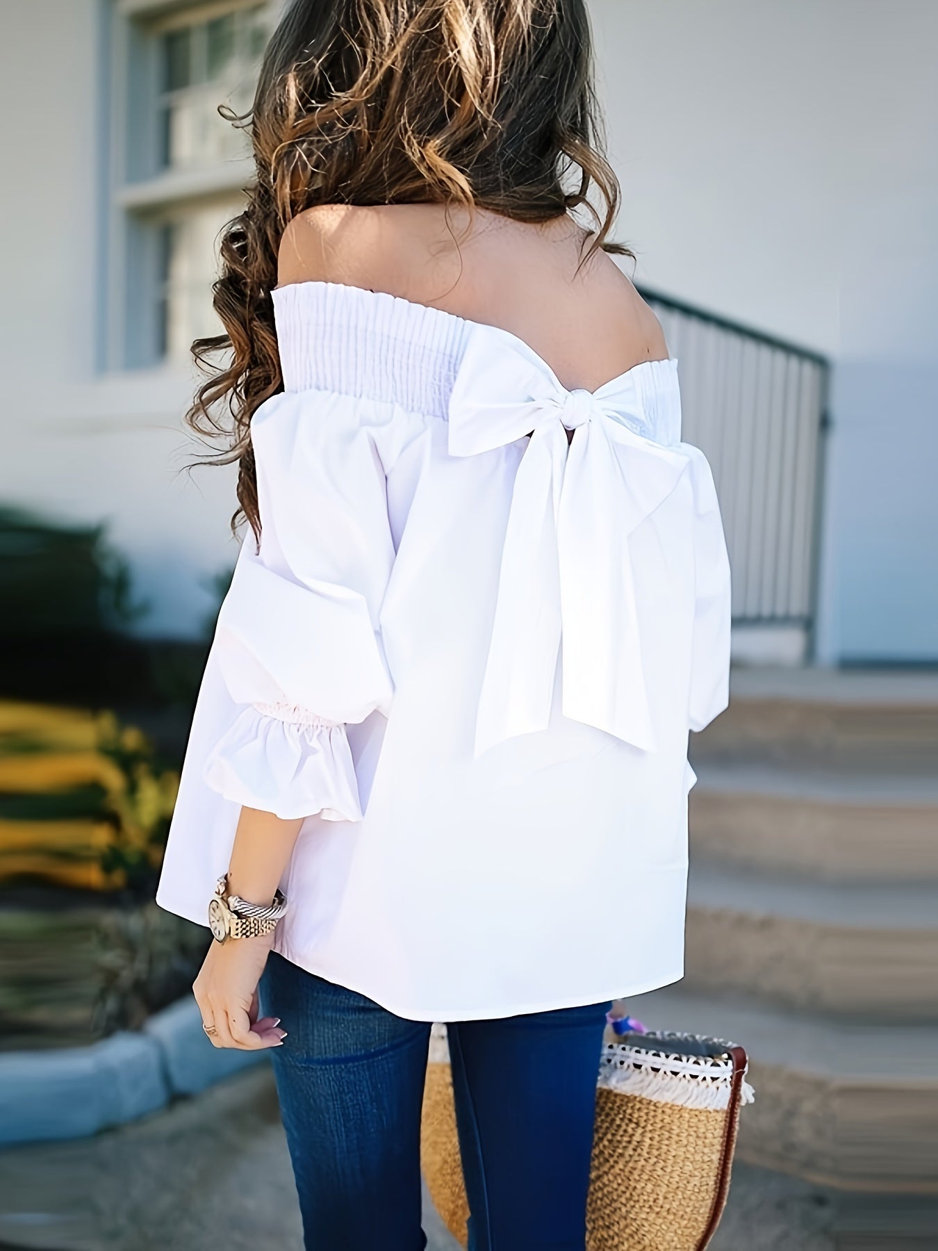 Off-shoulder blouse with bow back, shirred half sleeves, perfect for spring & summer in plus size women's clothing.