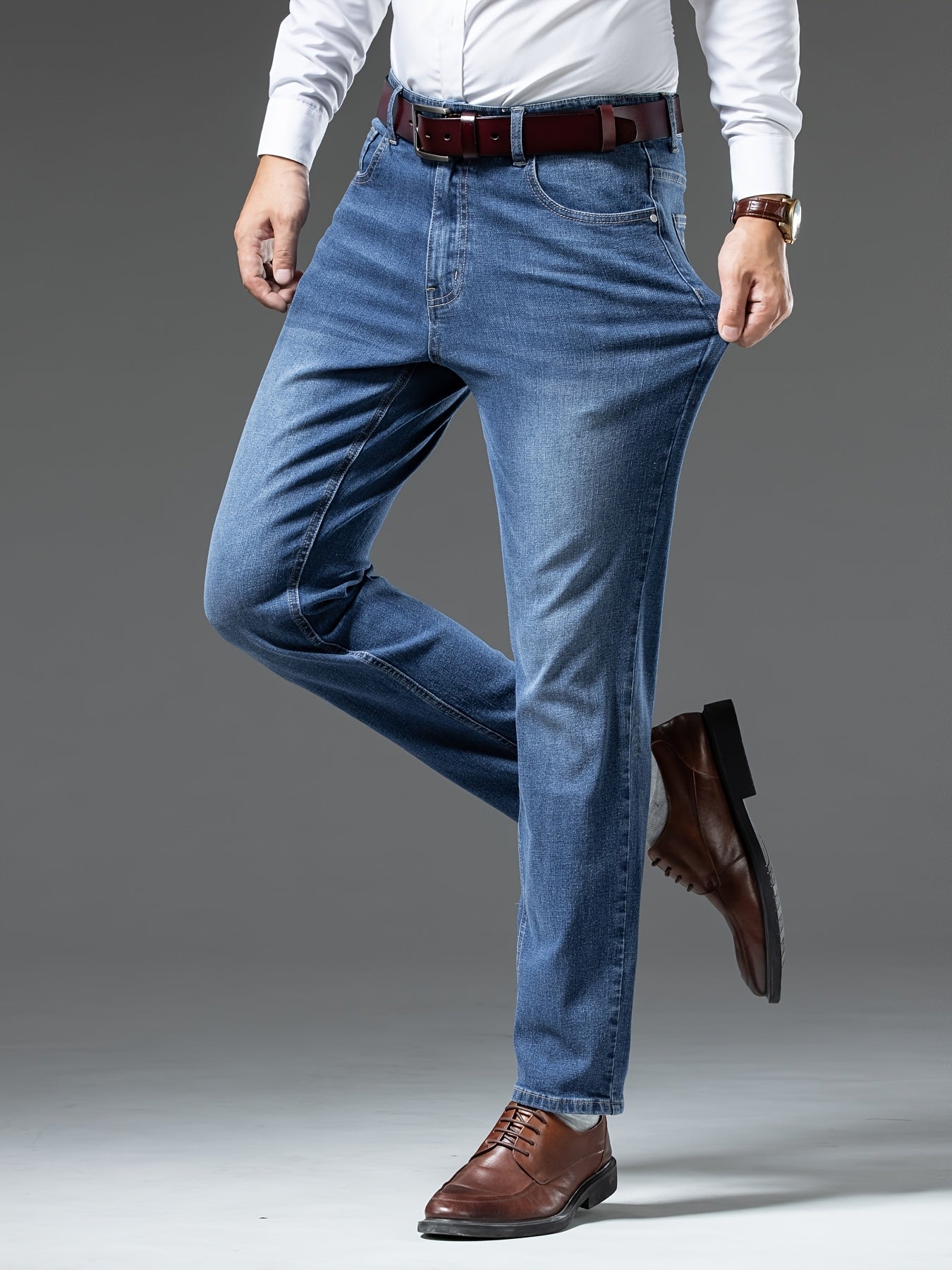 Stretch denim jeans for plus size men, comfortable straight-leg pants suitable for casual or business wear, machine washable.