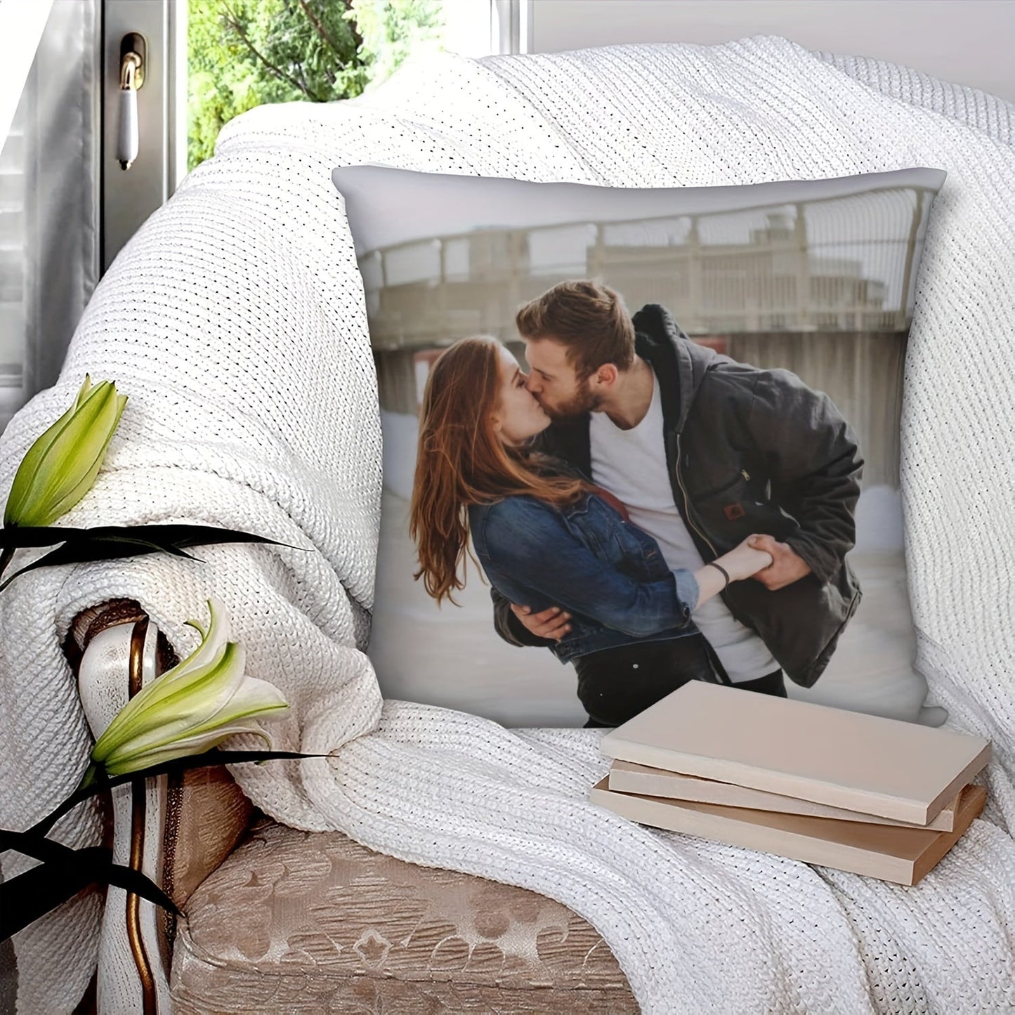 Personalized Pet Photo Cushion Cover - Customizable Love Photo Pillow Case (18x18 inches) - Made of Knit Fabric with Mixed Colors, Polyester Material