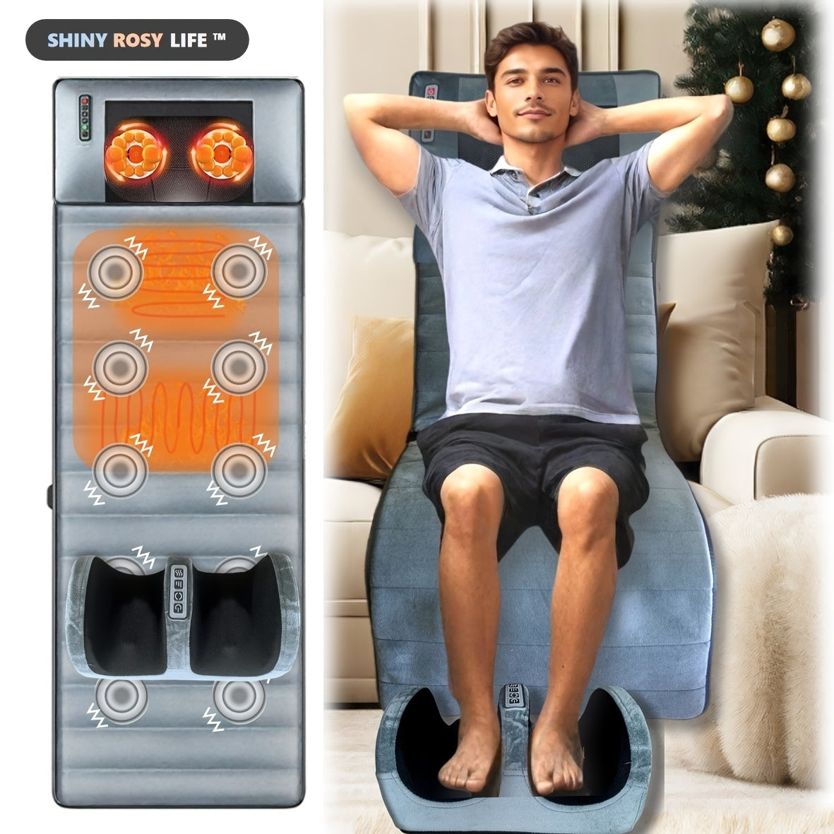 SHINY ROSY LIFE Massage Mattress with Heating, Foot & Calf Massage, 10-Zone Vibration, Grey Velvet Fabric, Safe Voltage, Winter Gift Idea