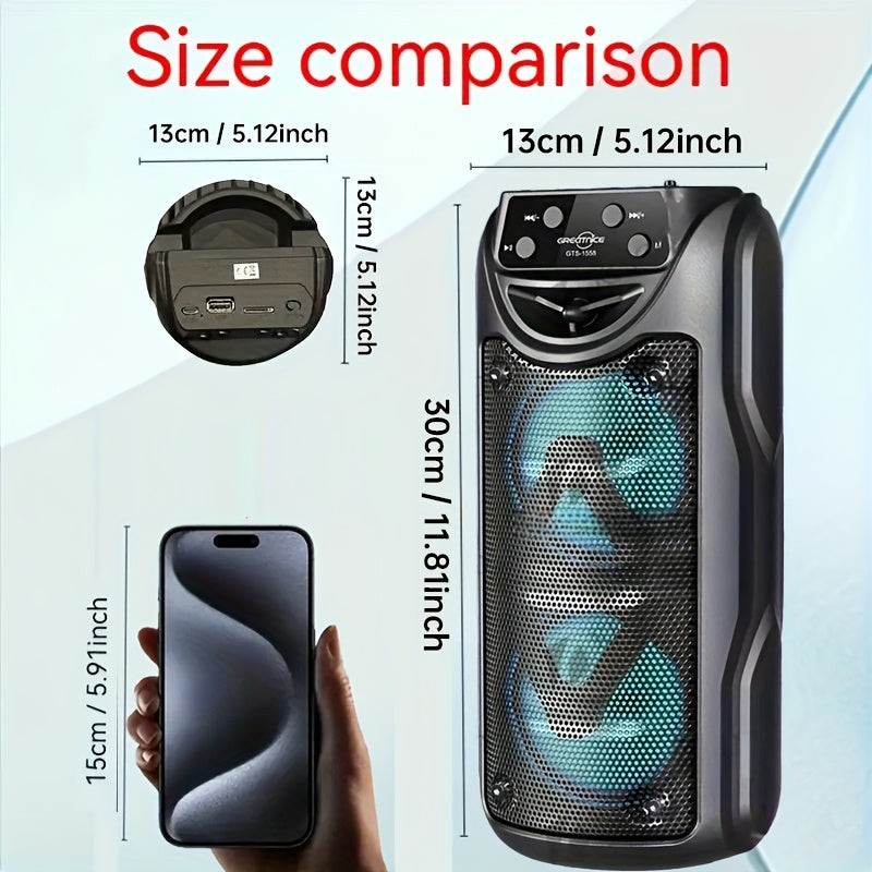 Loud, portable outdoor speakers with LED lights, large battery, and various connectivity options. Ideal for live music and home parties.