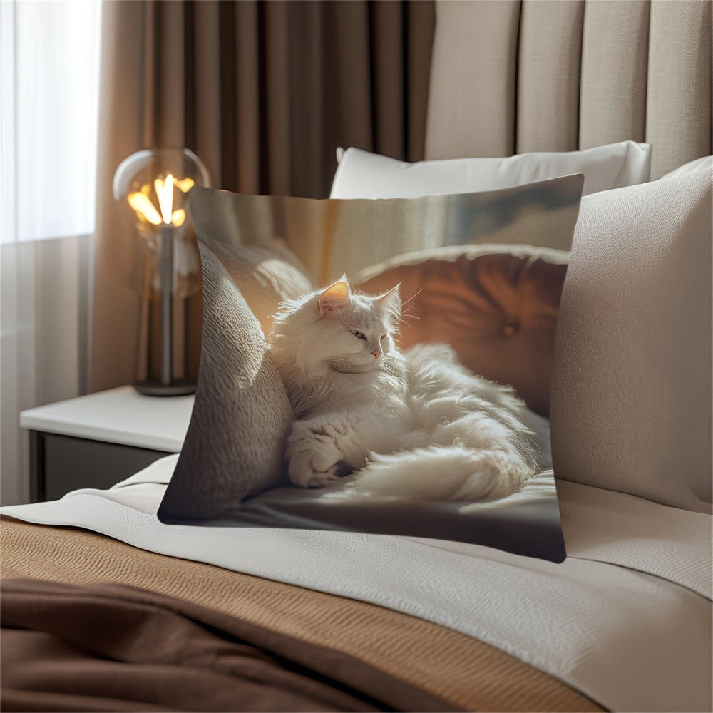 Soft White Cat Print Cushion Cover - Reversible Design, Ideal for Farmhouse Style and Festive Gatherings, Easy to Clean Polyester Pillowcase for Home and Workspaces (Pillow not included)