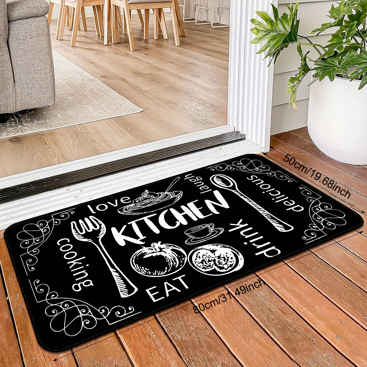 1pc Chic Black Kitchen Floor Mat featuring Cooking & Dining Themes, Non-Slip, Washable Polyester with Utensil Illustrations. Great for Doorways, Laundry Rooms, Bathrooms, and adds a Personal Touch to Home Decor.