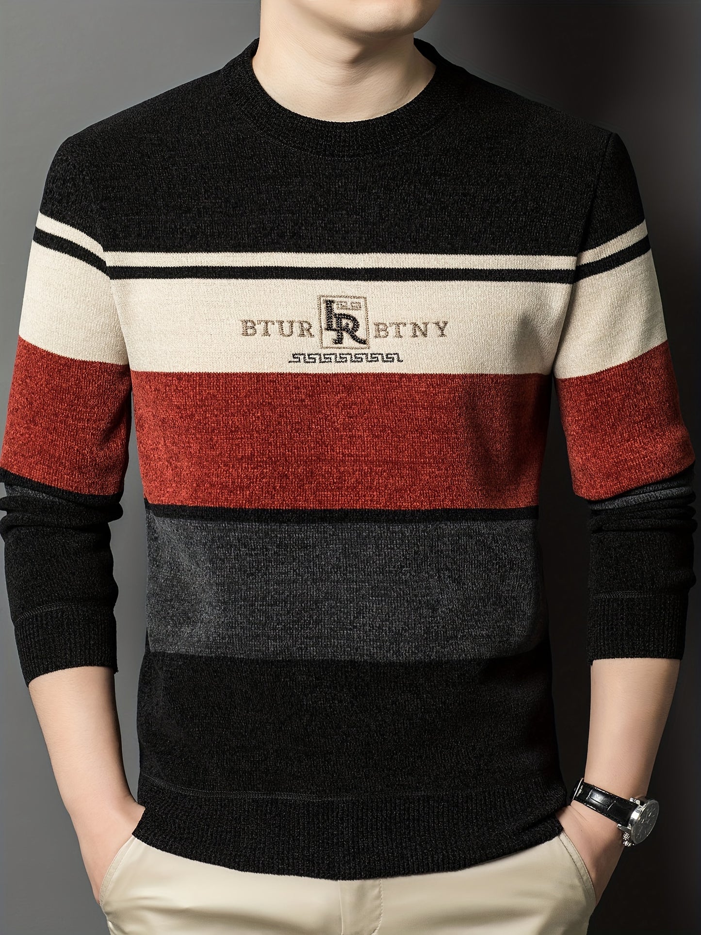 Men's winter crew neck sweater with striped design, thick polyester material, casual round neck, regular fit, long sleeves, ribbed hem and cuffs, fashionable letter pattern, provides winter