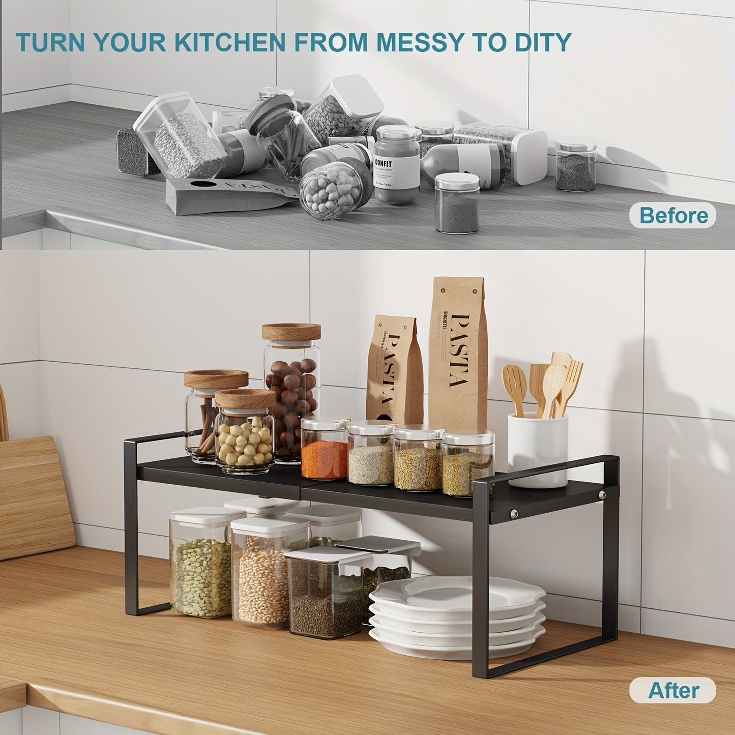 The 2-Tier Expandable Black Metal Cabinet Organizer Riser is a heavy-duty, non-slip storage shelf designed for use in the kitchen pantry, under sink, or on countertops. This stackable organizer is space-saving and features an open storage design, making