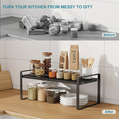 The 2-Tier Expandable Black Metal Cabinet Organizer Riser is a heavy-duty, non-slip storage shelf designed for use in the kitchen pantry, under sink, or on countertops. This stackable organizer is space-saving and features an open storage design, making