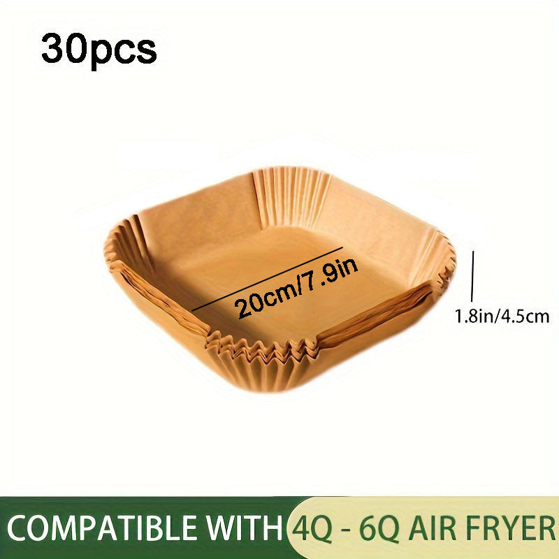 Disposable Air Fryer Liners available in packs of 30, 50, or 100 pieces. These liners come in two sizes, 16.0cm and 20.07cm, and can be used as Paper Air Fryer Liner Pots, Paper Basket Bowls, Baking Trays, and Oven Accessories. They are essential Baking