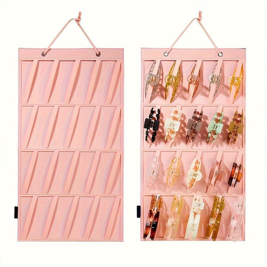 Octagonal-shaped jewelry organizer made of felt material with various closure types, designed for hanging on walls to store hair clips and accessories.