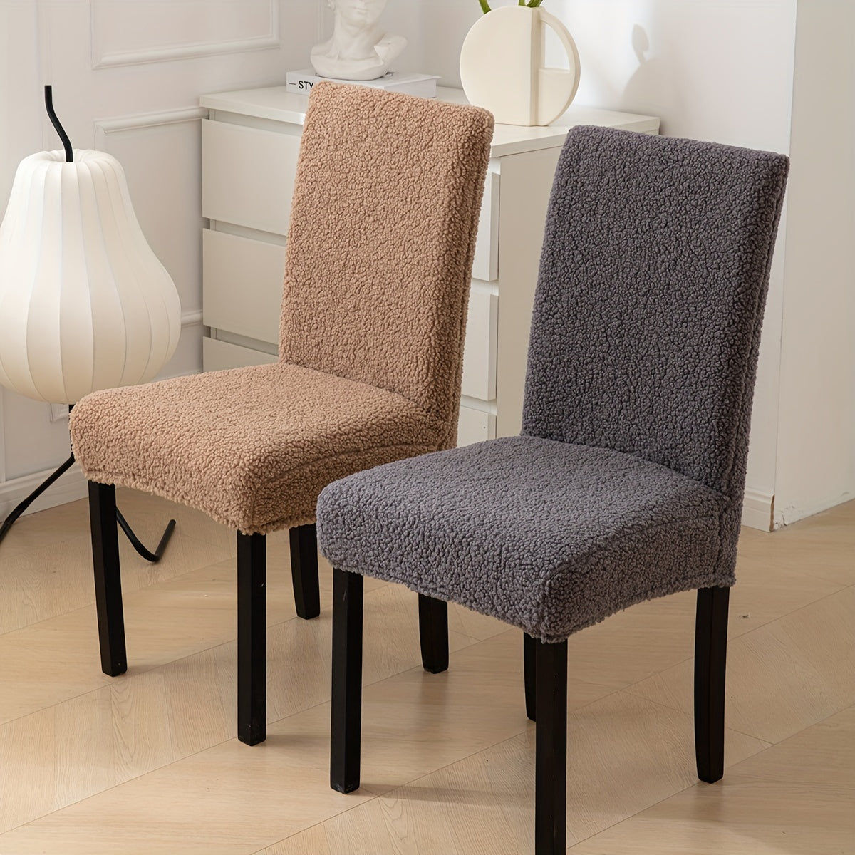 Stretch Sherpa chair cover with removable elastic slipcover, pet-friendly and machine washable. Made with a polyester and spandex blend, designed for home, restaurant, office, or banquet use. Available in multiple colors.