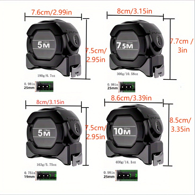 Durable self-locking steel tape measure in 5/7.5/10m metric lengths for office use. High precision and wear-resistant.