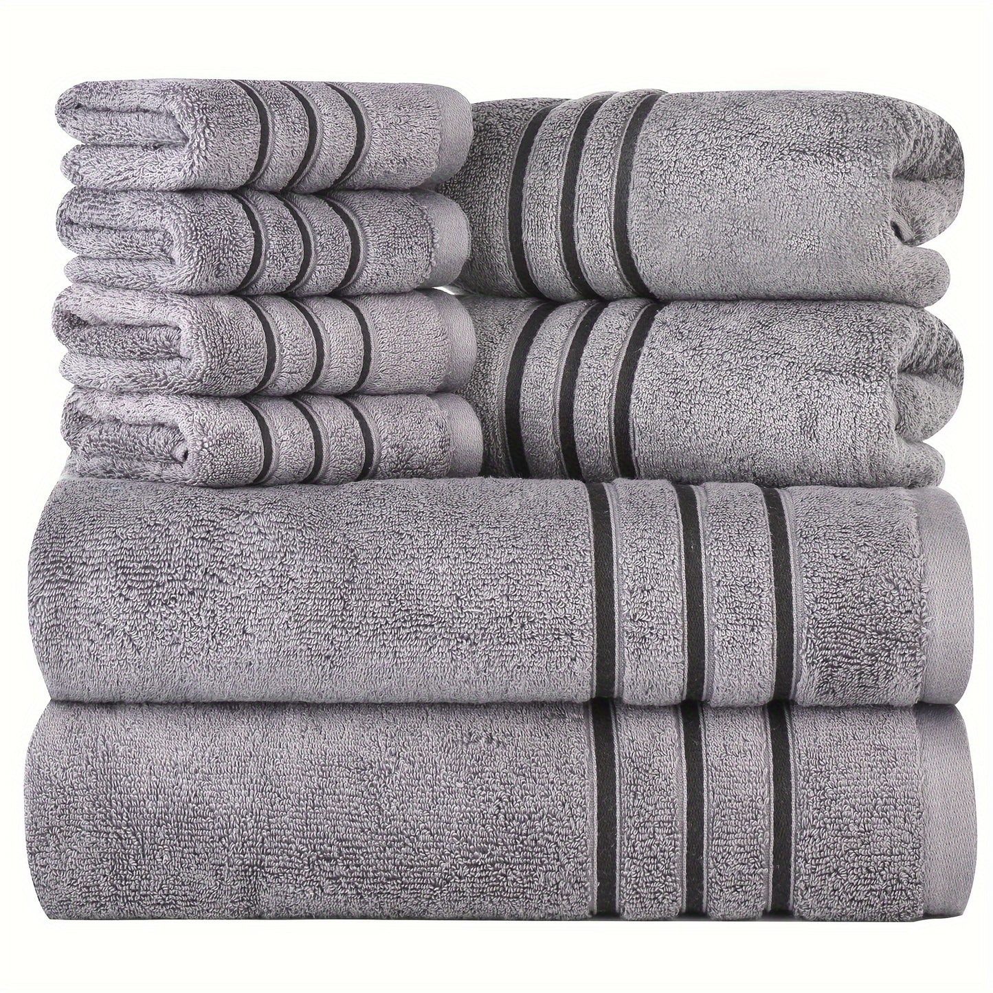 A set of 8 soft, premium cotton towels in various sizes, quick drying and fluffy, in multicolor. Includes 2 bath towels, 2 hand towels, and 4 washcloths. Perfect bathroom accessories.