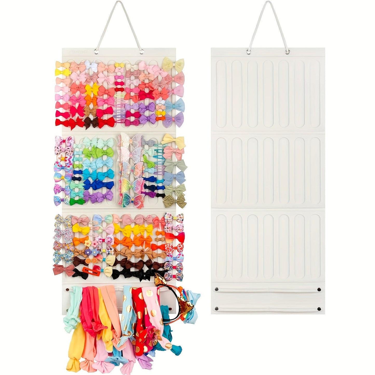 Storage box for headbands, hair clips, hair ties, and hair rings designed to hold women's hair accessories in a convenient bow hair clip holder.